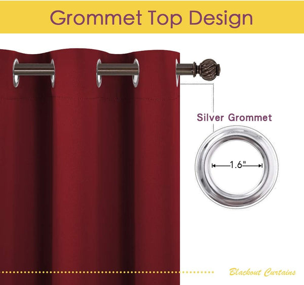 Burgundy blackout curtain panel with silver 1.6-inch grommets hanging on a bronze rod.