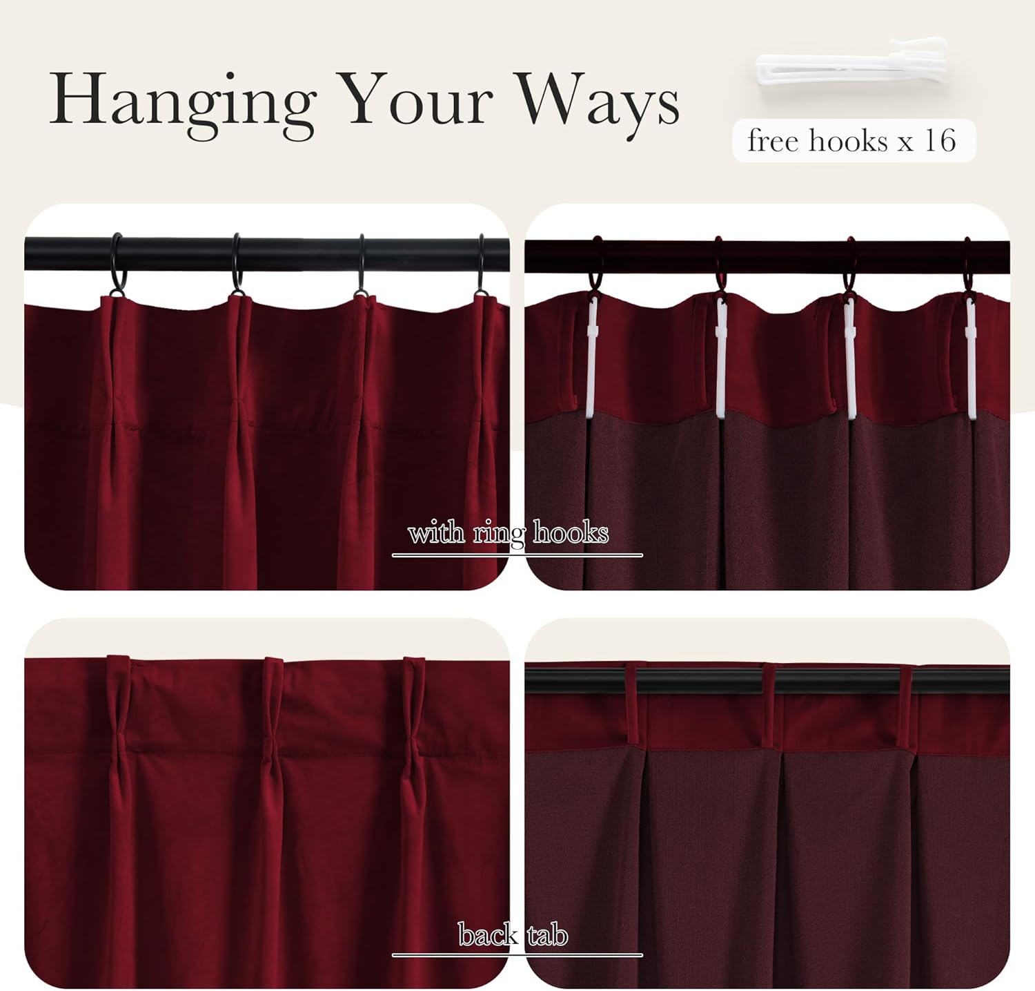Burgundy curtains demonstrating multiple hanging styles: ring hooks, back tab loops, and pinch pleat hooks.