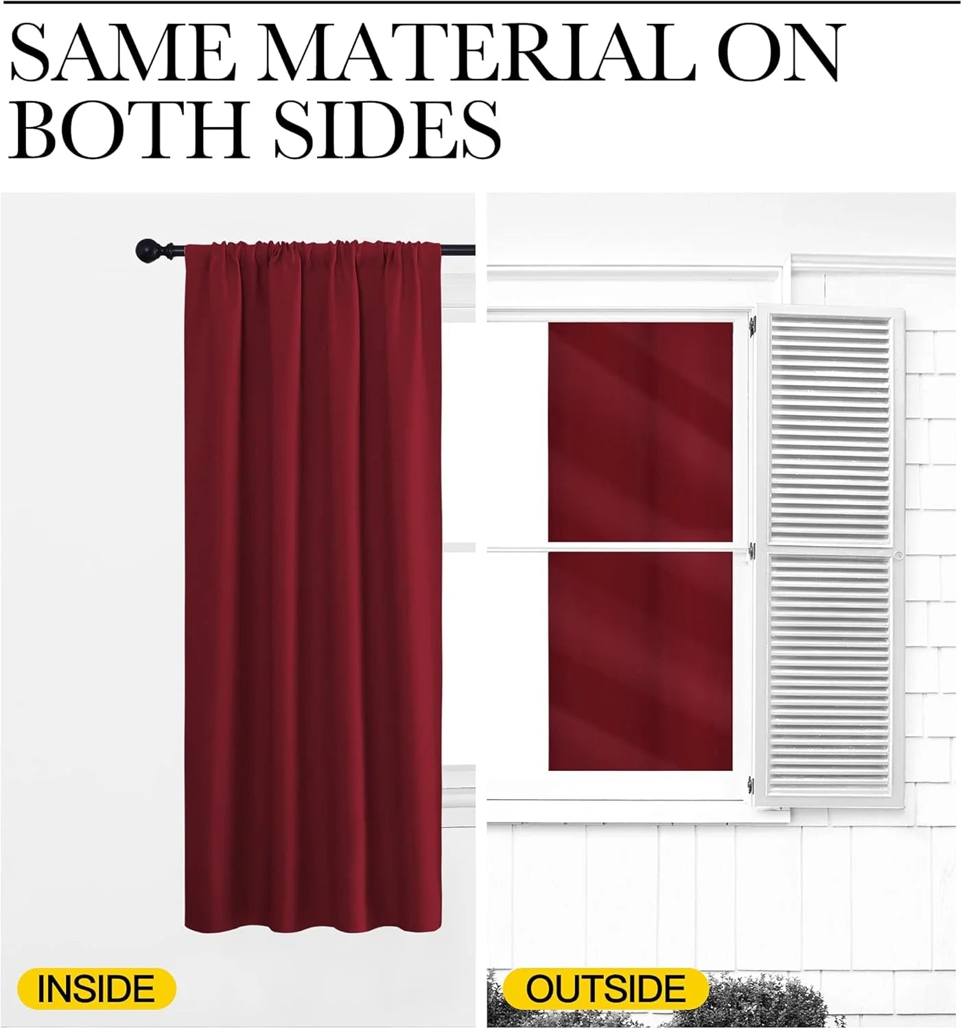 Burgundy curtain panel shown indoors and outdoors with same material on both sides