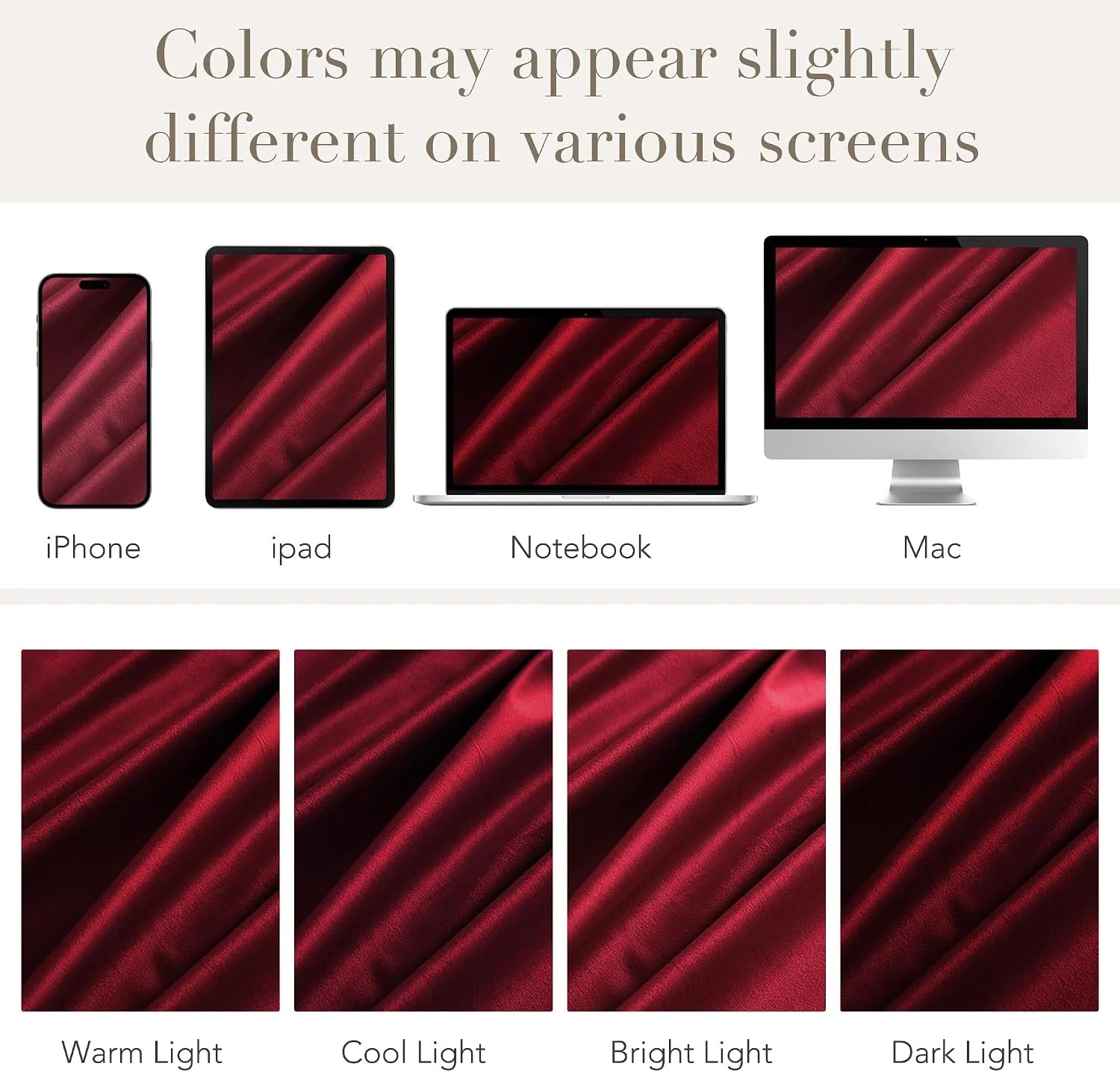 Burgundy fabric color swatch shown across phone, tablet, laptop and desktop screens