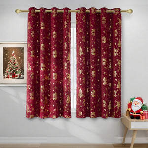 Burgundy curtains with gold foil Christmas bells, trees, and snowflakes pattern, featuring a grommet top