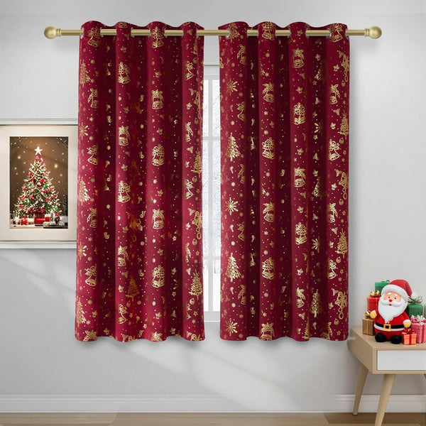 Burgundy curtains with gold foil Christmas bells, trees, and snowflakes pattern, featuring a grommet top