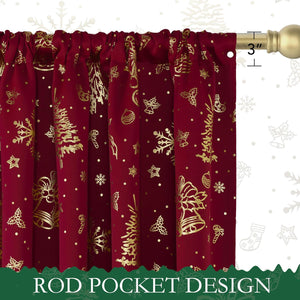 Red curtain with shimmering gold Christmas patterns like bells and snowflakes, showing a 3-inch rod pocket.