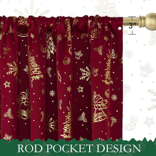 Red curtain with shimmering gold Christmas patterns like bells and snowflakes, showing a 3-inch rod pocket.