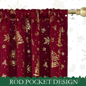 Burgundy curtain with gold Christmas bells, snowflakes, and trees. Features a rod pocket design for easy hanging.