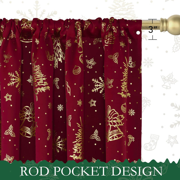 Burgundy curtain with gold Christmas bells, snowflakes, and trees. Features a rod pocket design for easy hanging.