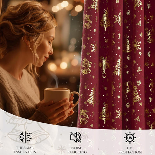 Burgundy thermal insulation curtain with shimmering gold Christmas trees, snowflakes, and bells pattern.