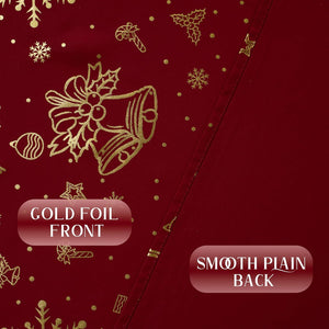 Burgundy fabric front with gold foil Christmas bells, snowflakes; smooth plain back.