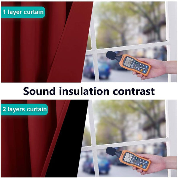 Visual comparison of burgundy layered curtains for sound insulation, showing reduced decibel levels.