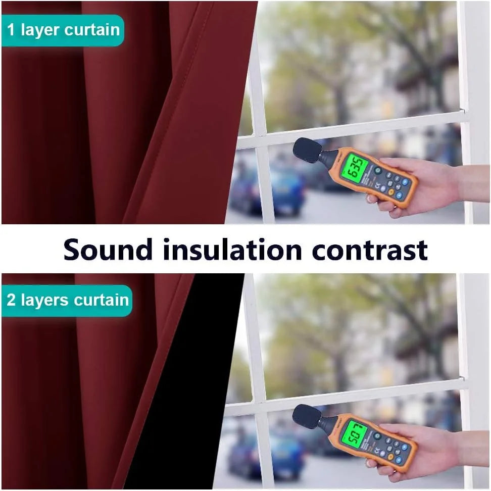 Comparison of burgundy curtains showing one-layer vs two-layer sound insulation by a window
