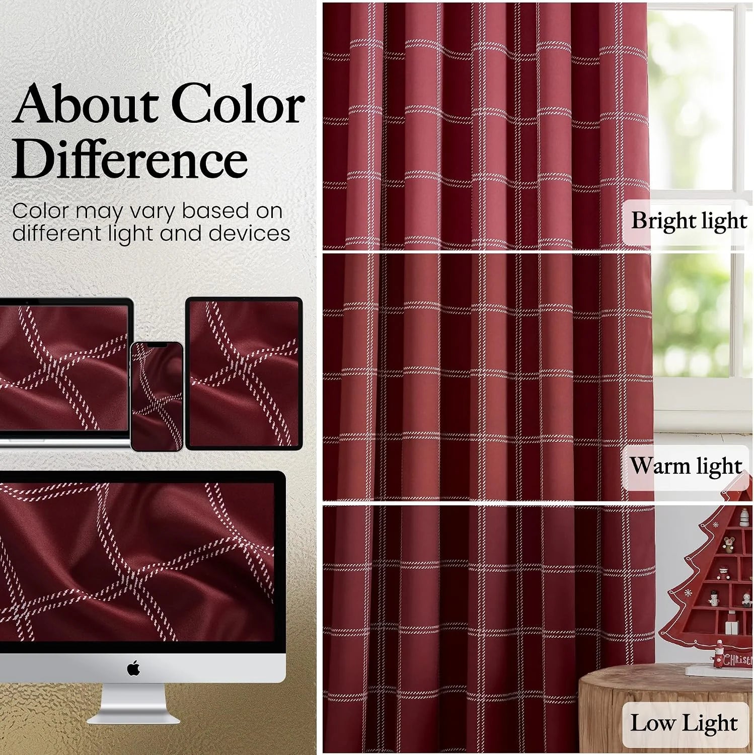 Burgundy plaid curtain panel shown in bright, warm, and low light by a window