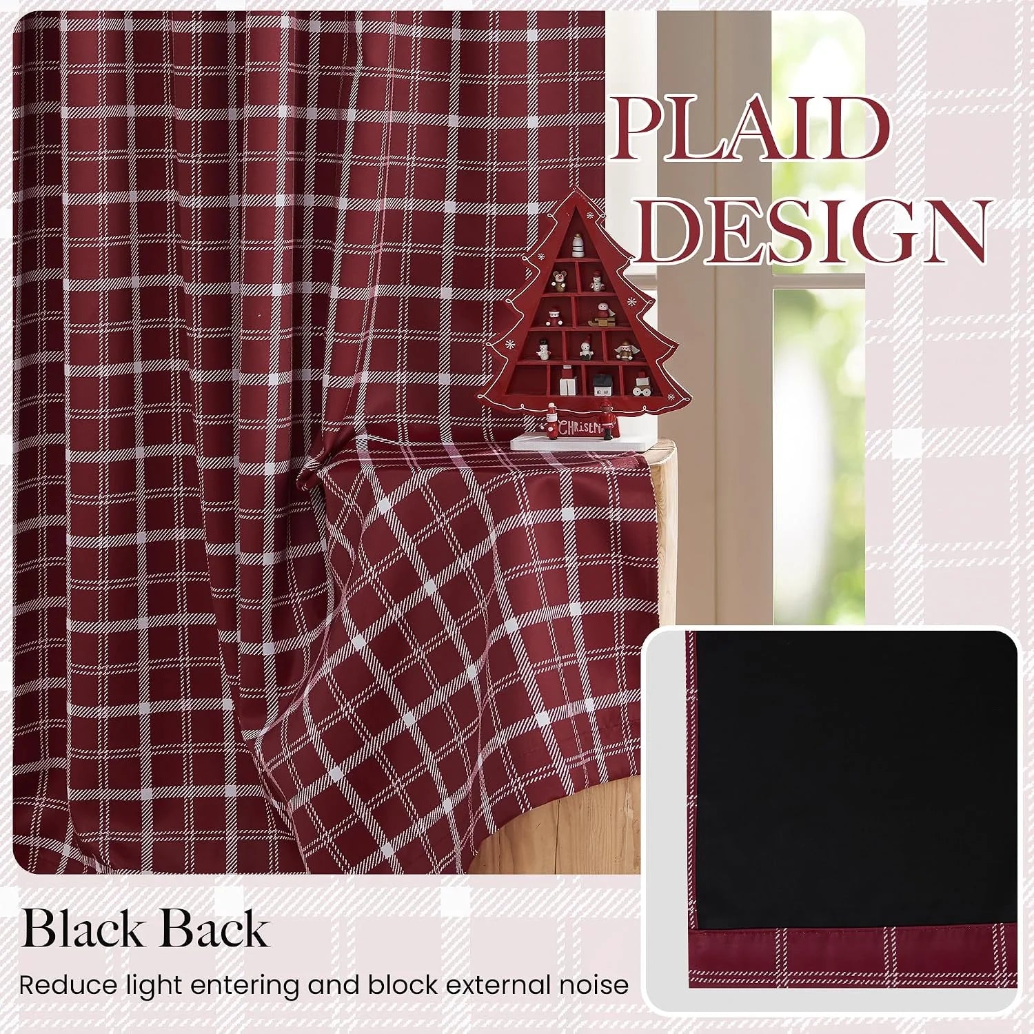 Burgundy plaid blackout curtain panel with black backing in a cozy window scene