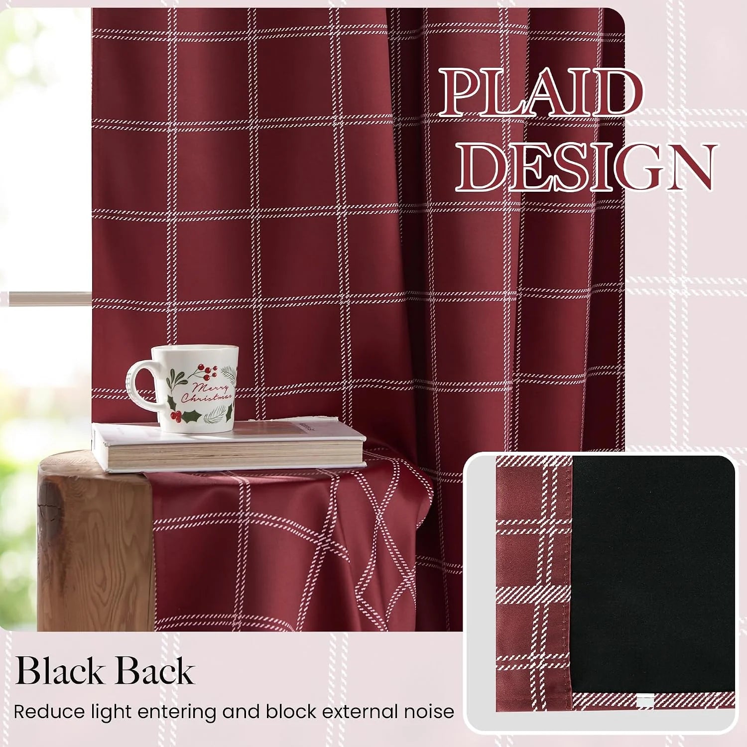 Burgundy plaid blackout curtain panel with black backing in a cozy window scene