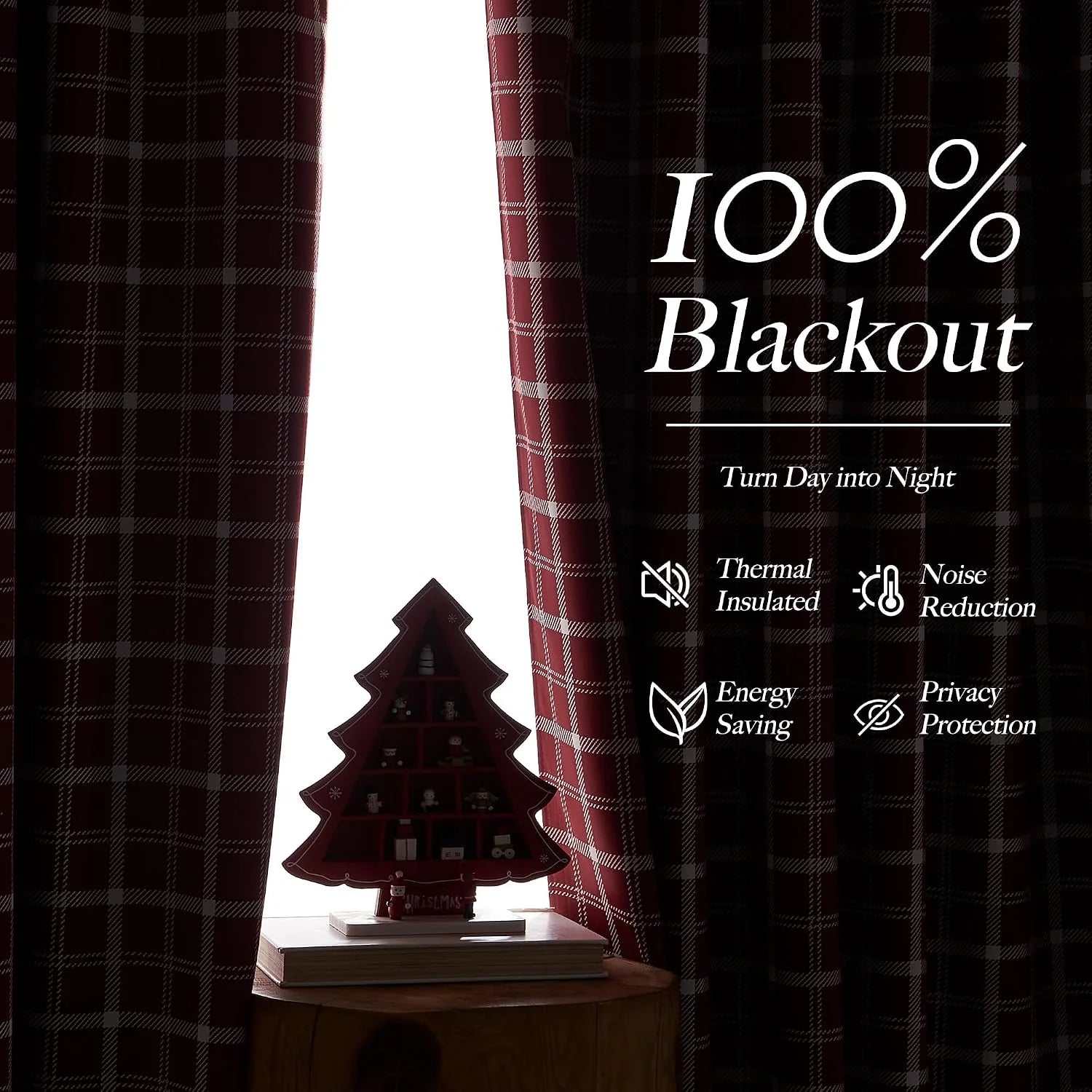 Burgundy plaid blackout curtains framing a bright window with a small wooden tree decor