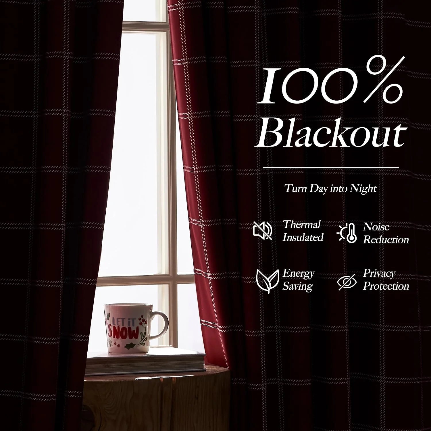 Burgundy plaid blackout curtains framing a bright window with a mug on the sill