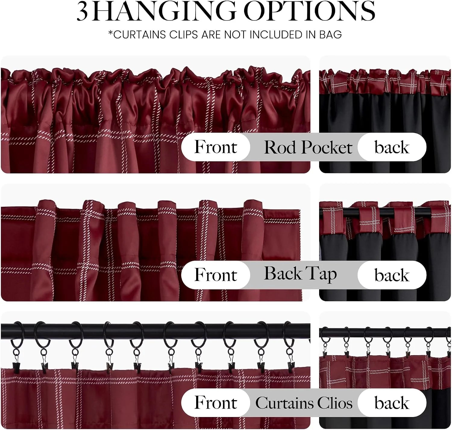 Burgundy plaid curtain panel showing rod pocket, back tab, and clip hanging styles