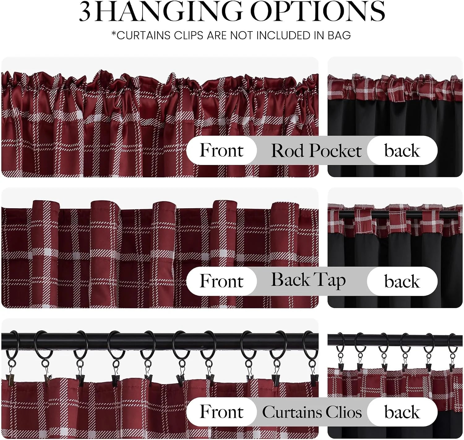 Burgundy plaid curtain panel showing rod pocket, back tab, and clip hanging styles