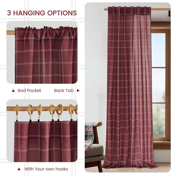Burgundy plaid window curtain with white grid pattern, showing multiple versatile hanging options.