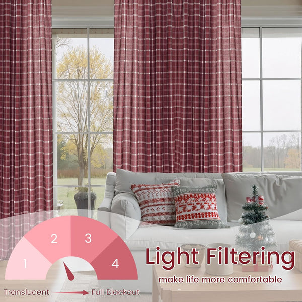Rich burgundy plaid curtains with white check pattern partially open in a bright living room, demonstrating light filtering.