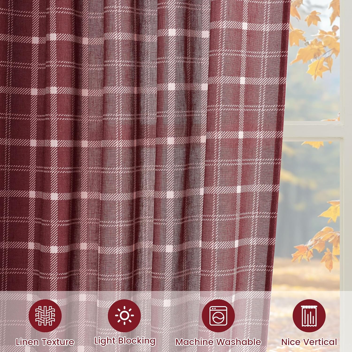 Burgundy linen-textured plaid blackout curtain with a cozy autumn window view.
