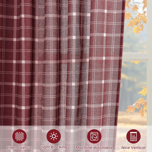 Burgundy linen-textured plaid blackout curtain with a cozy autumn window view.