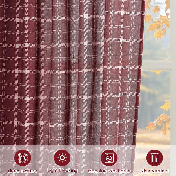 Burgundy linen-textured plaid blackout curtain with a cozy autumn window view.