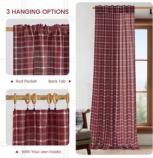 Burgundy plaid window curtain panel with 3 hanging options: rod pocket, back tab, hooks.