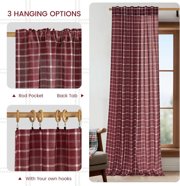 Burgundy plaid window curtain panel with 3 hanging options: rod pocket, back tab, hooks.
