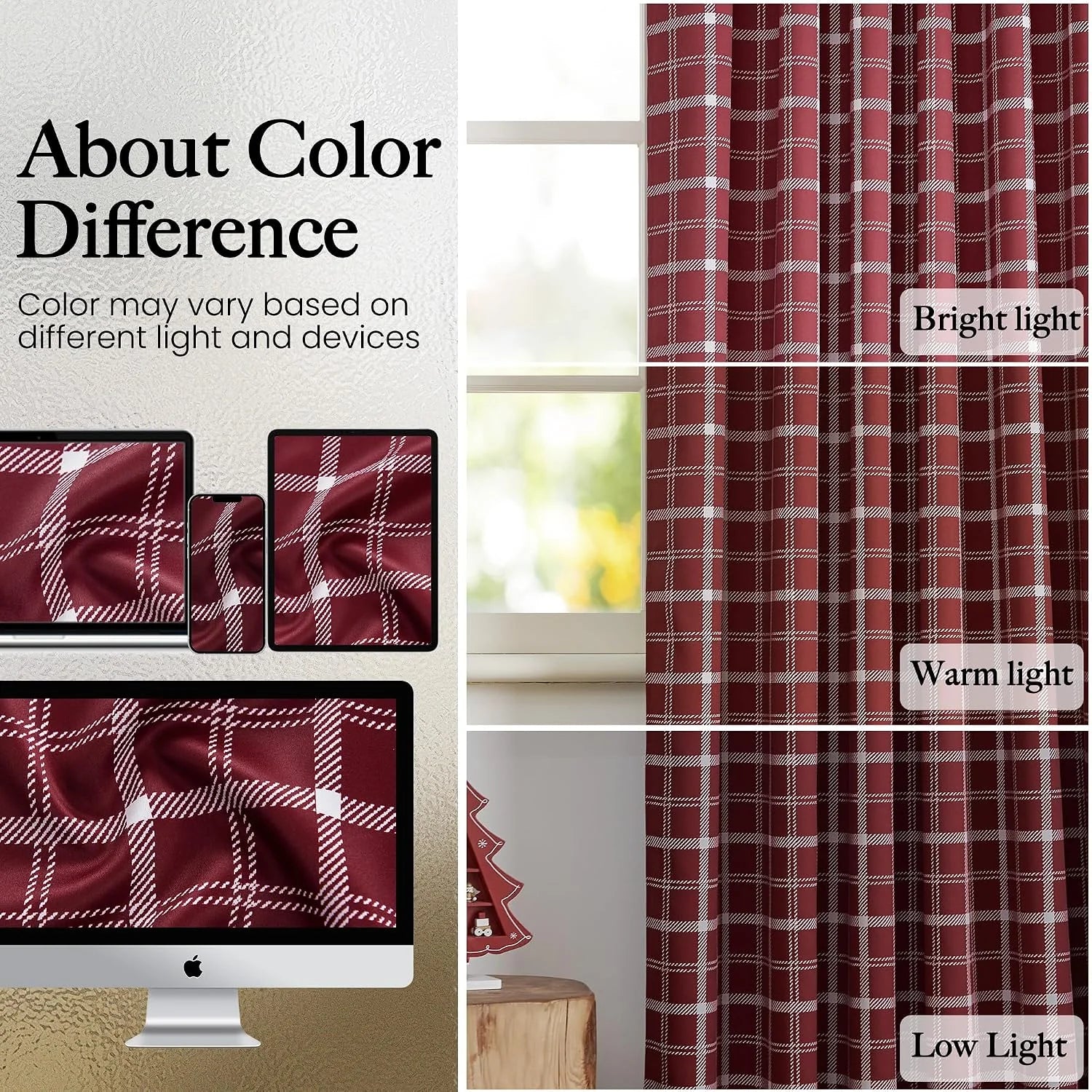 Burgundy plaid curtain panel shown in bright, warm, and low light by a window