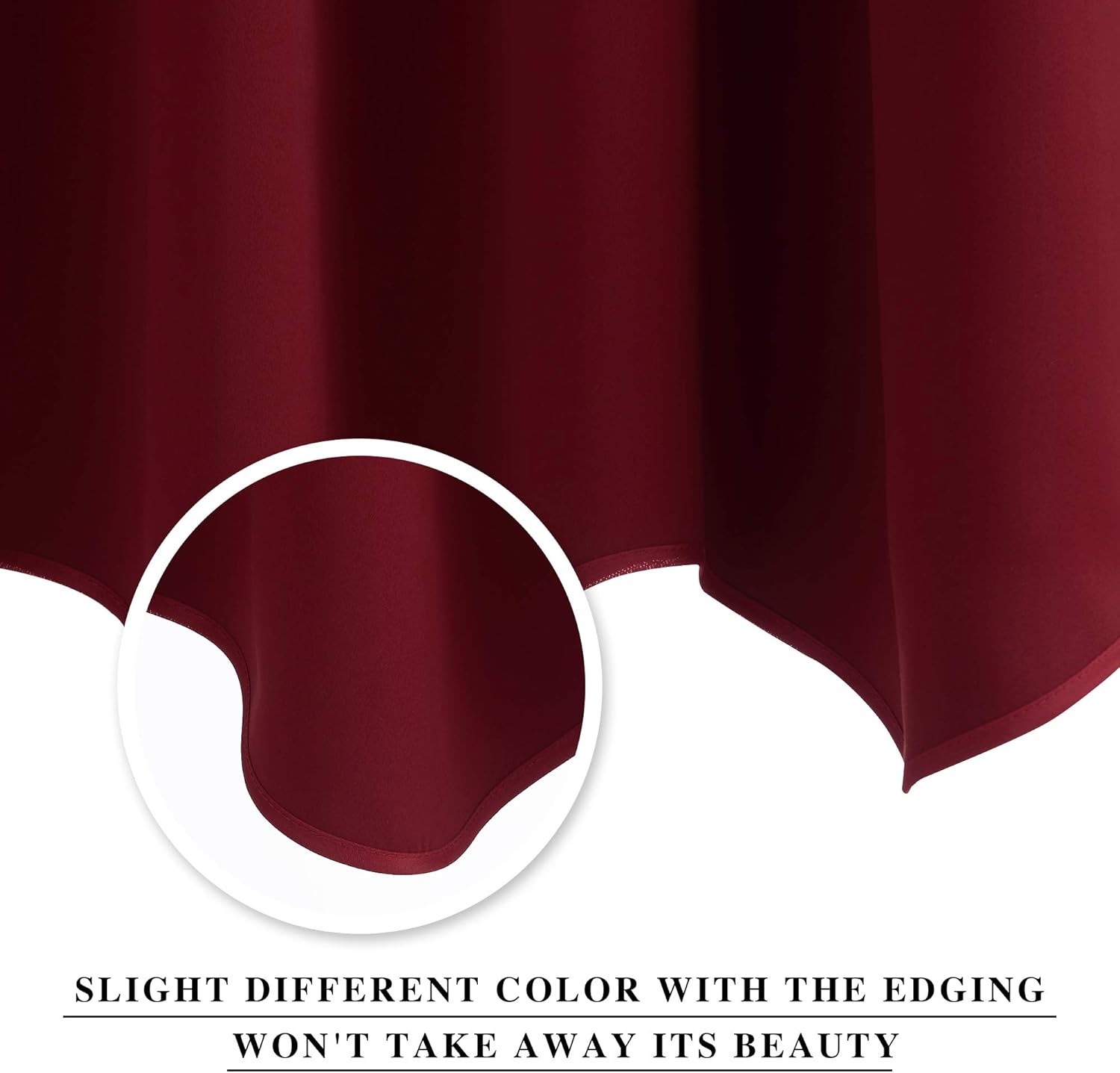 Close-up of rich burgundy curtain fabric showing smooth texture and neatly stitched bottom hem.