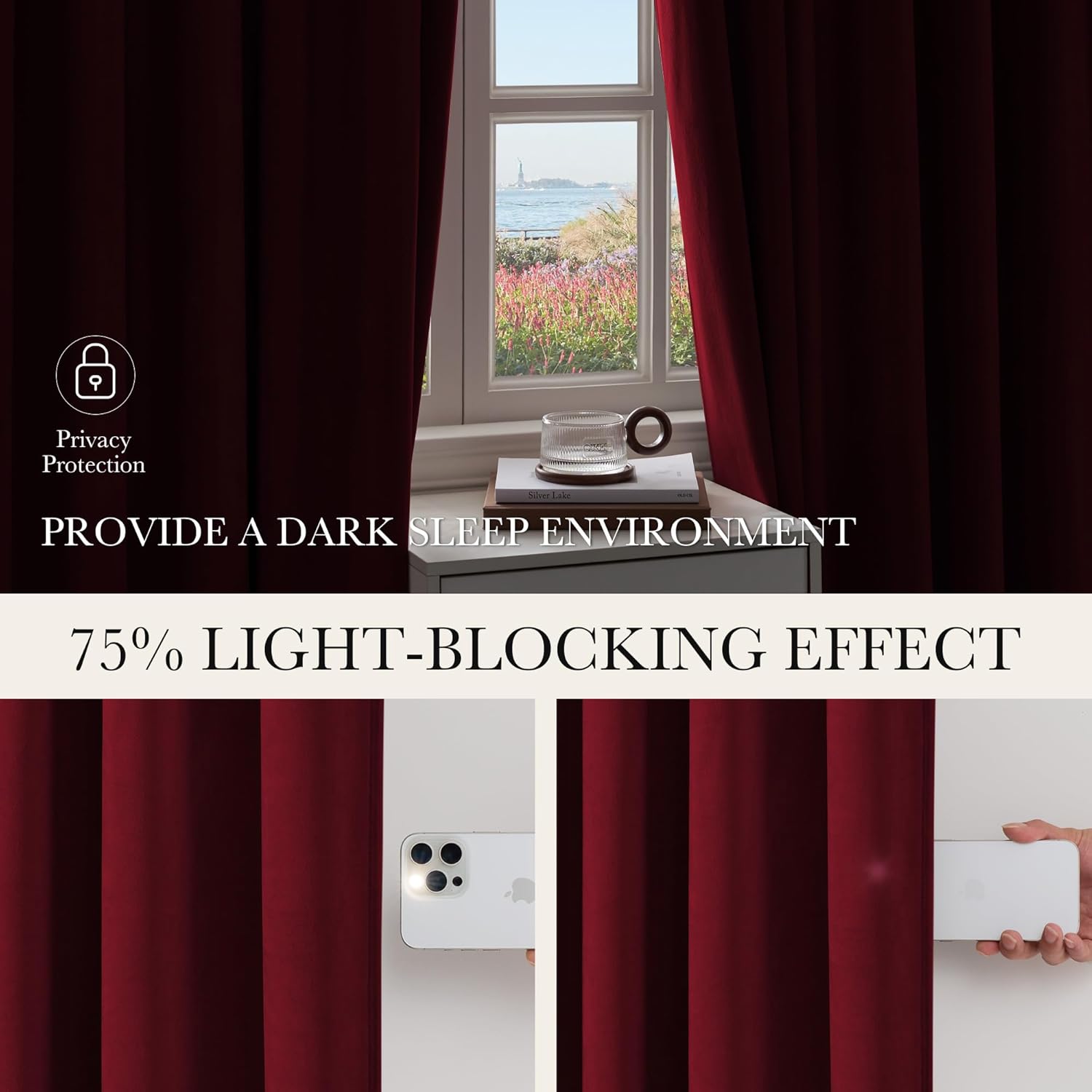Burgundy blackout curtains in a window, demonstrating 75% light-blocking and privacy protection.