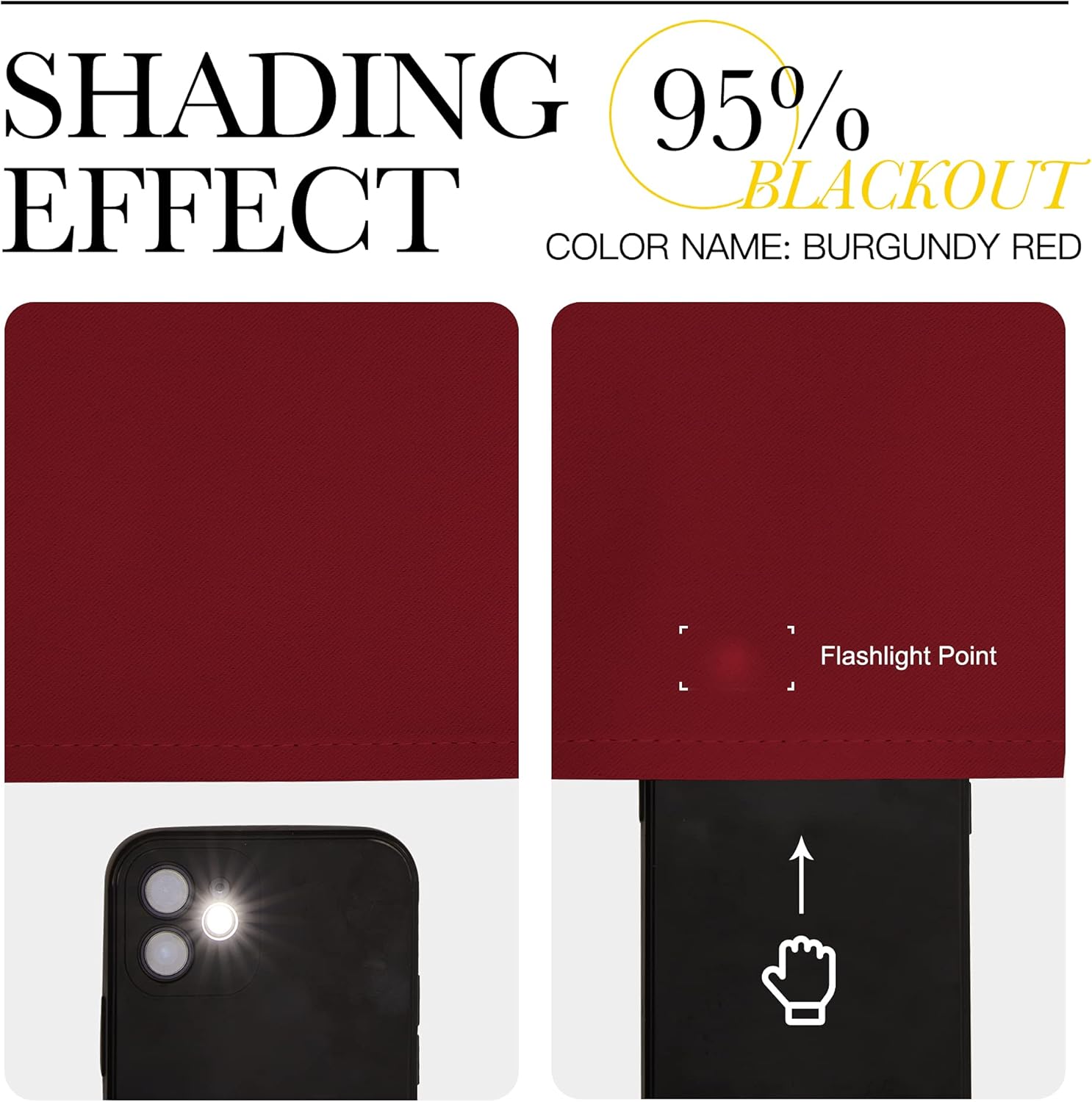 Close-up of burgundy red blackout curtain fabric demonstrating 95% light blocking with flashlight test.
