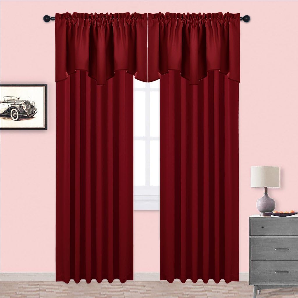 Two rich burgundy rod pocket blackout curtain panels with matching scalloped valance set.