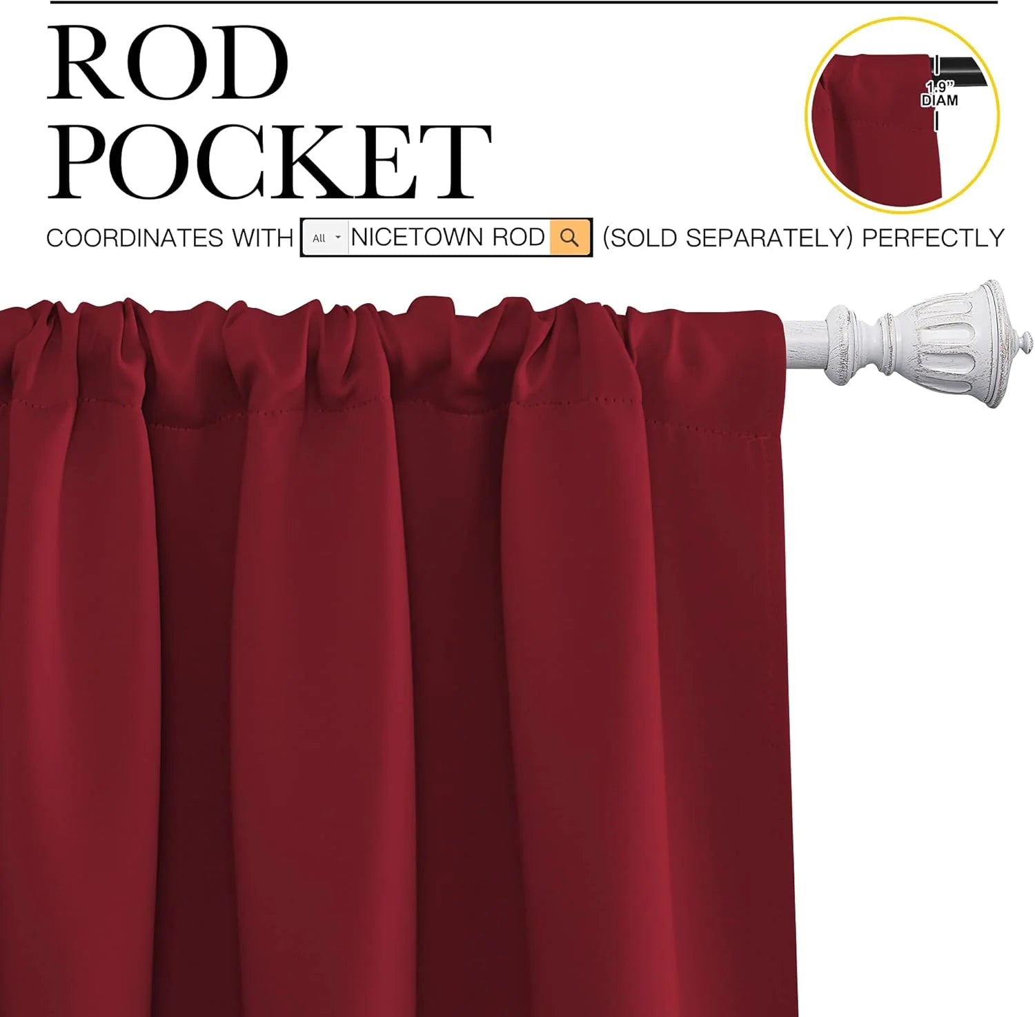 Deep burgundy rod pocket curtain panel on white decorative rod, showing 1.9-inch opening
