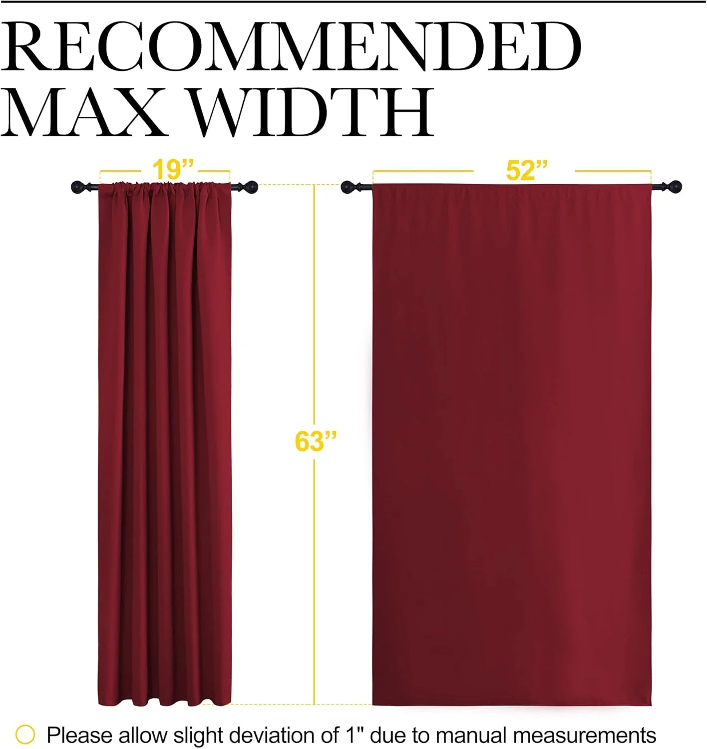 Burgundy rod pocket curtain panel size chart showing 19 to 52 inch width and 63 inch length