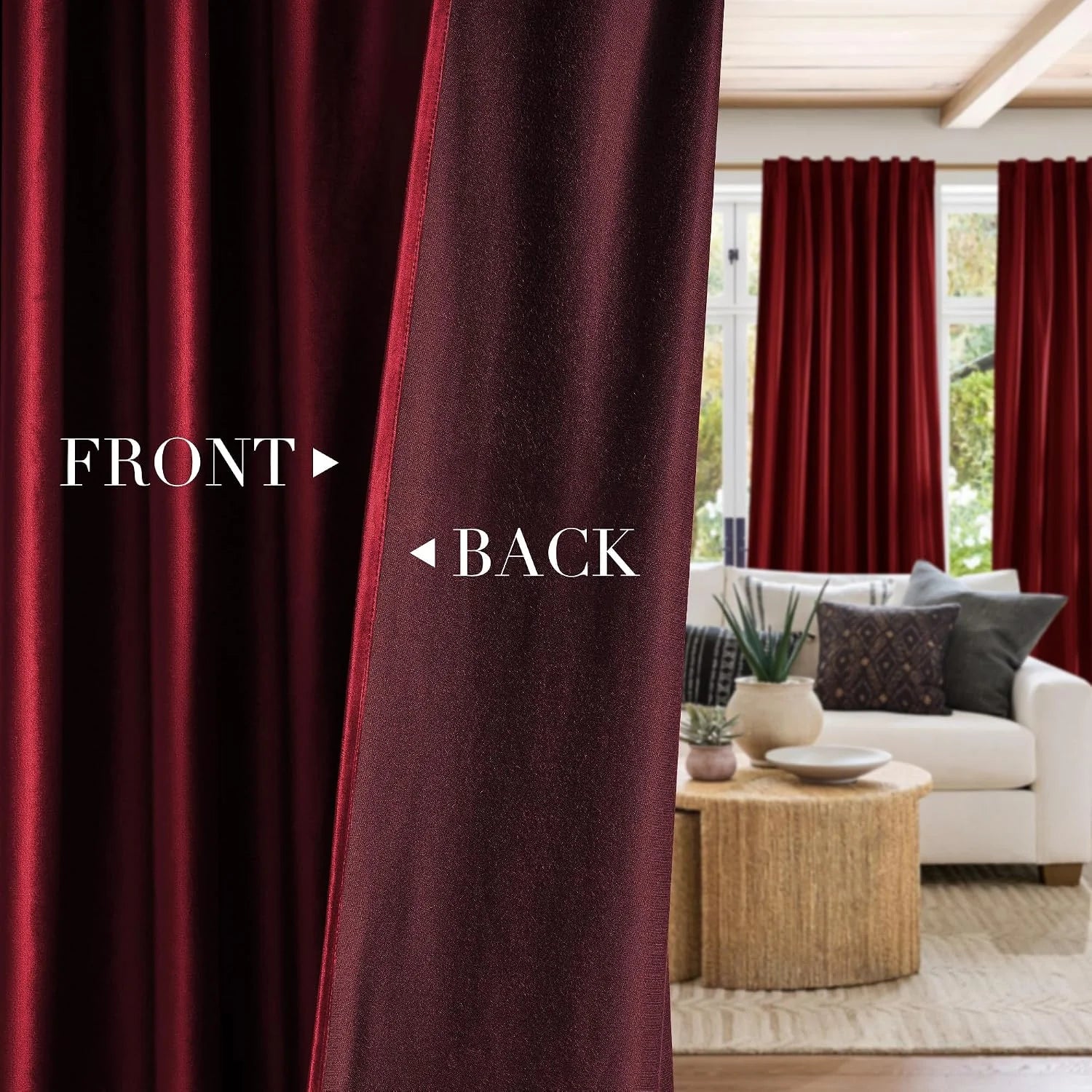 Burgundy satin blackout curtain panel showing front and back in a bright living room