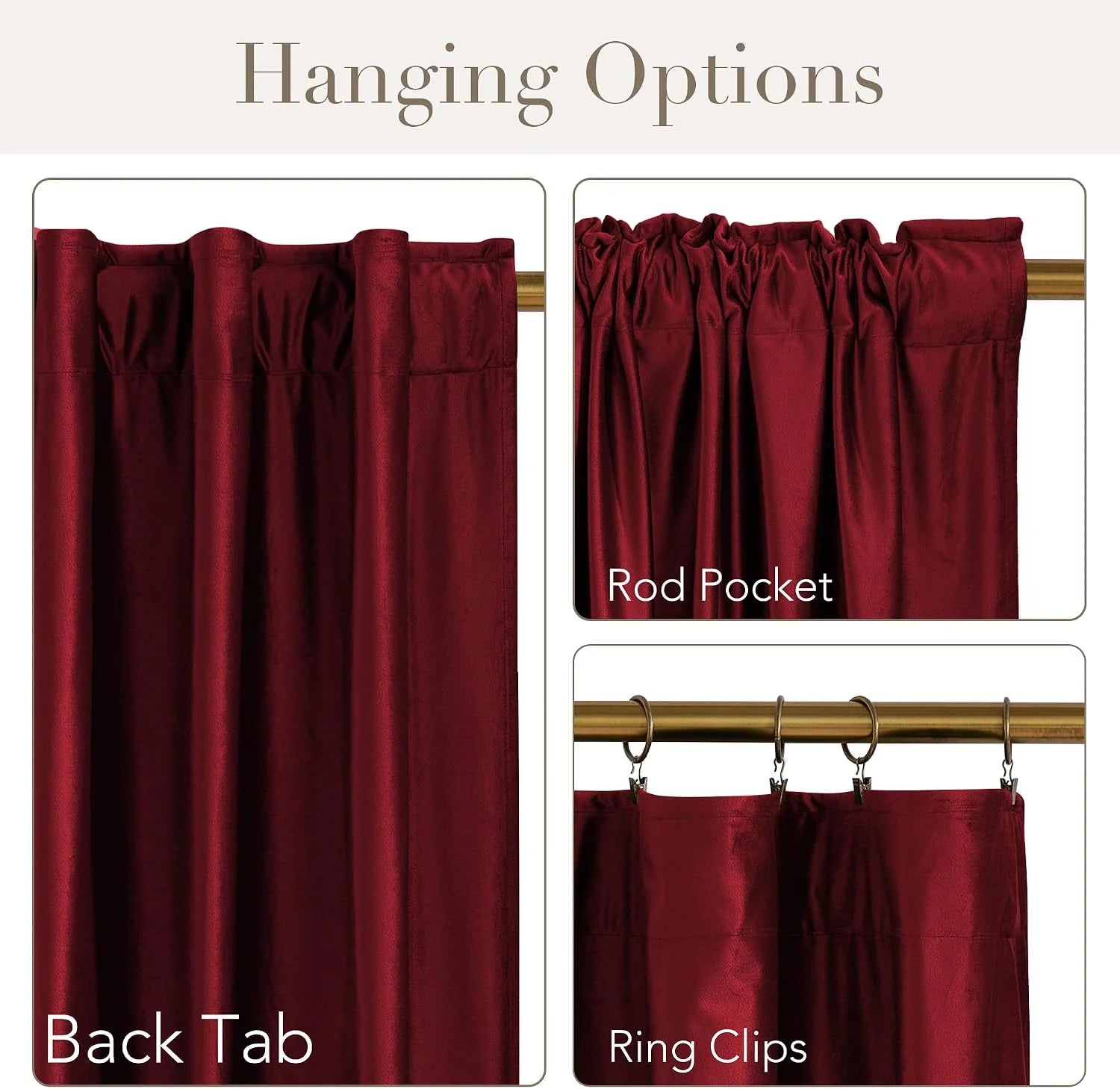Burgundy satin curtain panel showing back tab, rod pocket, and ring clip hanging styles