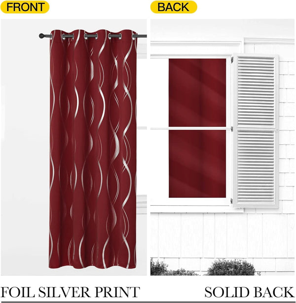 Burgundy grommet curtain with silver foil wavy pattern, showcasing its solid dark red back.