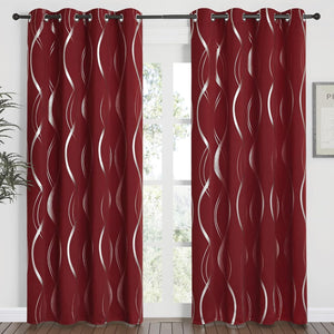 Pair of burgundy grommet curtains with metallic silver wavy pattern.