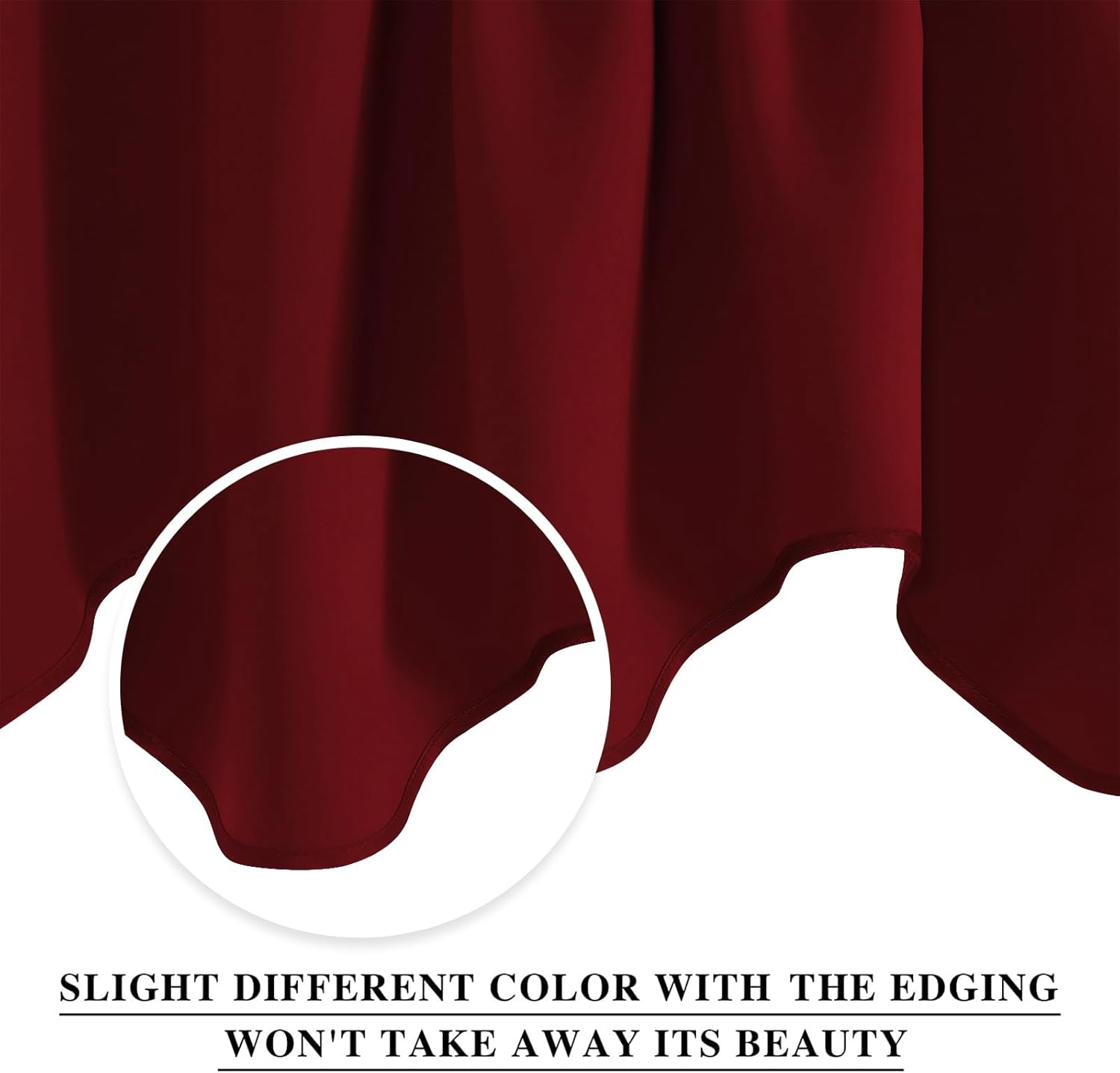 Close-up of a rich burgundy smooth fabric curtain panel with elegant soft folds and a neatly finished hem.