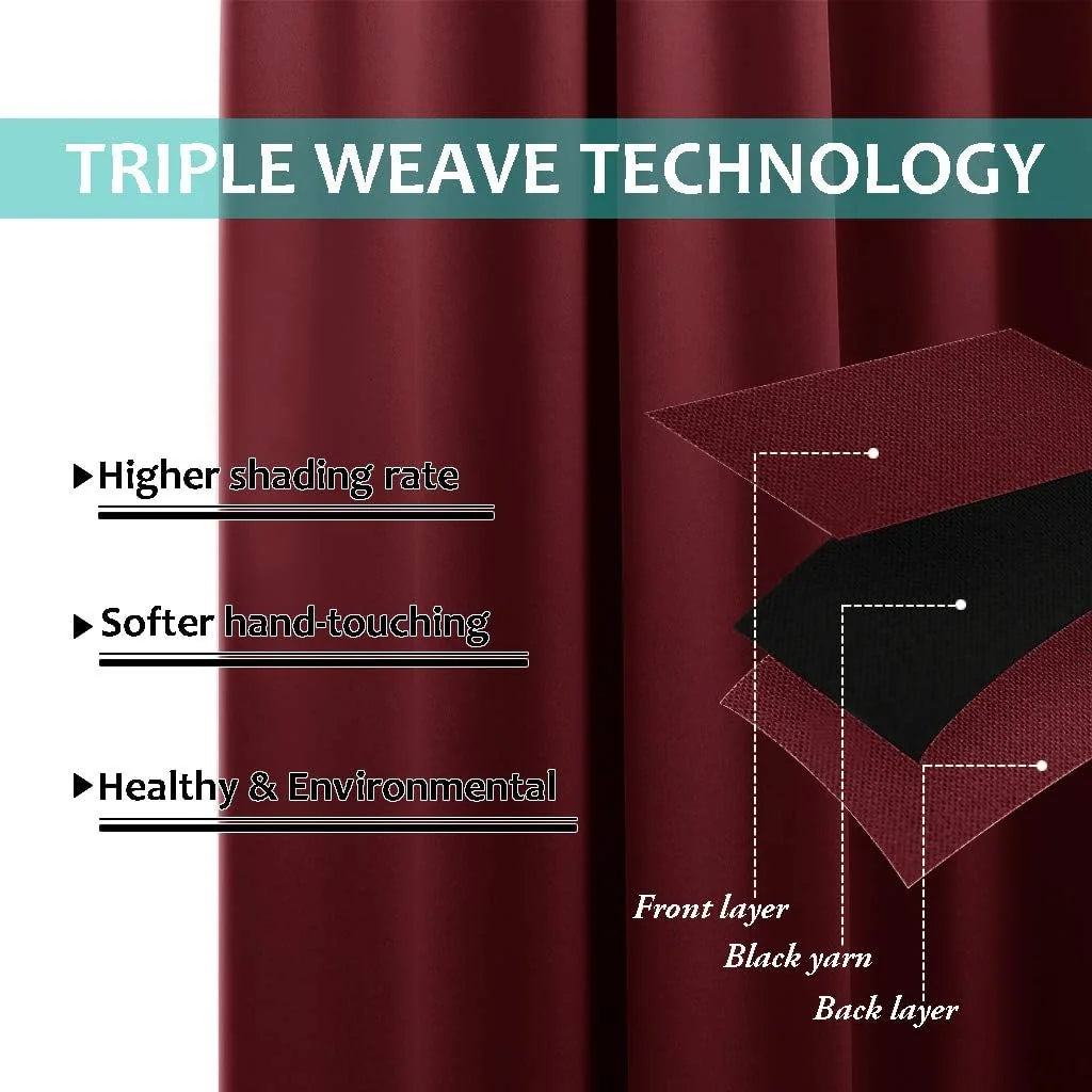 Burgundy blackout curtain fabric with triple weave layers shown in a close-up infographic