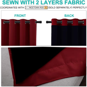 Burgundy two-layer grommet top curtain, front and dark black backing visible for blackout capability.