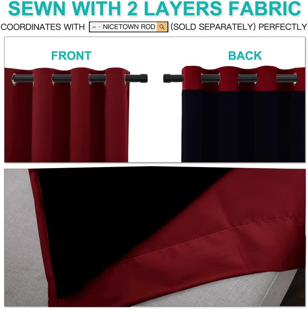Burgundy two-layer grommet top curtain, front and dark black backing visible for blackout capability.
