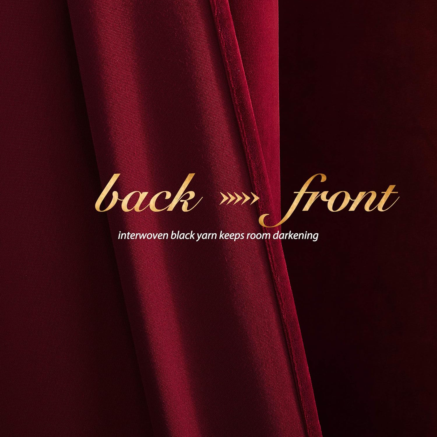 Burgundy blackout curtain fabric: smooth front, back with interwoven black yarn for room darkening.