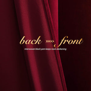 Burgundy blackout curtain fabric: smooth front, back with interwoven black yarn for room darkening.