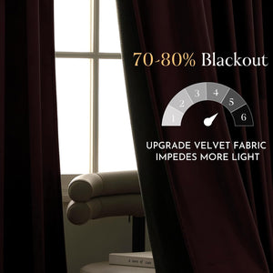 Rich burgundy velvet blackout curtains partially drawn, revealing bright window and 70-80% light-blocking feature.
