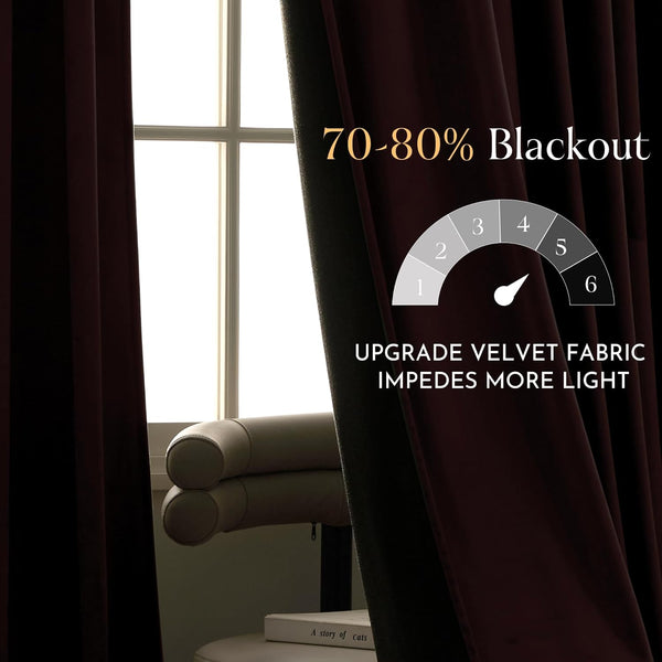 Rich burgundy velvet blackout curtains partially drawn, revealing bright window and 70-80% light-blocking feature.