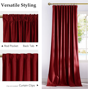 Deep burgundy velvet curtain panel showcasing versatile styling options including rod pocket, back tab, and clips.