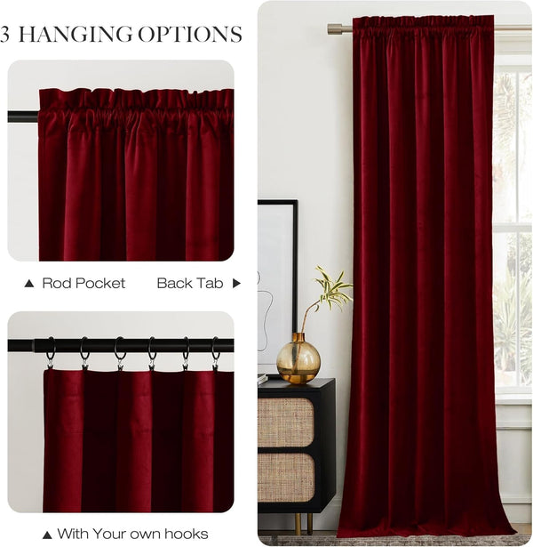 Luxurious deep burgundy velvet curtains featuring rod pocket, back tab, and clip ring hanging styles.