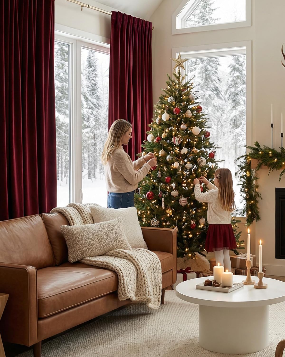 Rich burgundy velvet floor-length drapes with pinch pleat top hanging on a gold rod in a festive living room.